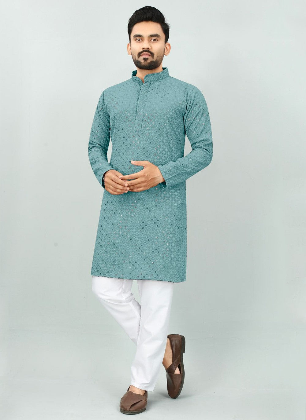 Chicken Rayon Sea Green Kurta Pyjama - M6088