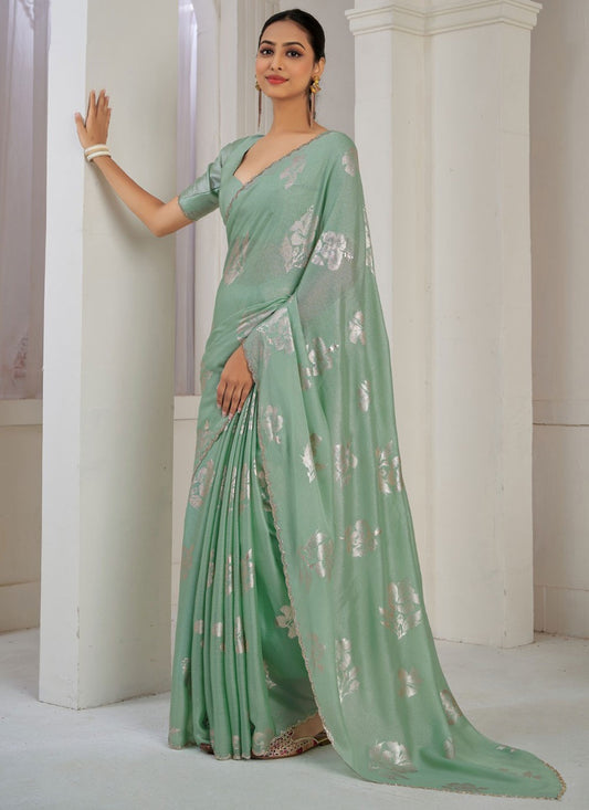 Trendy Border Work Satin Silk Sea Green Saree - S10849