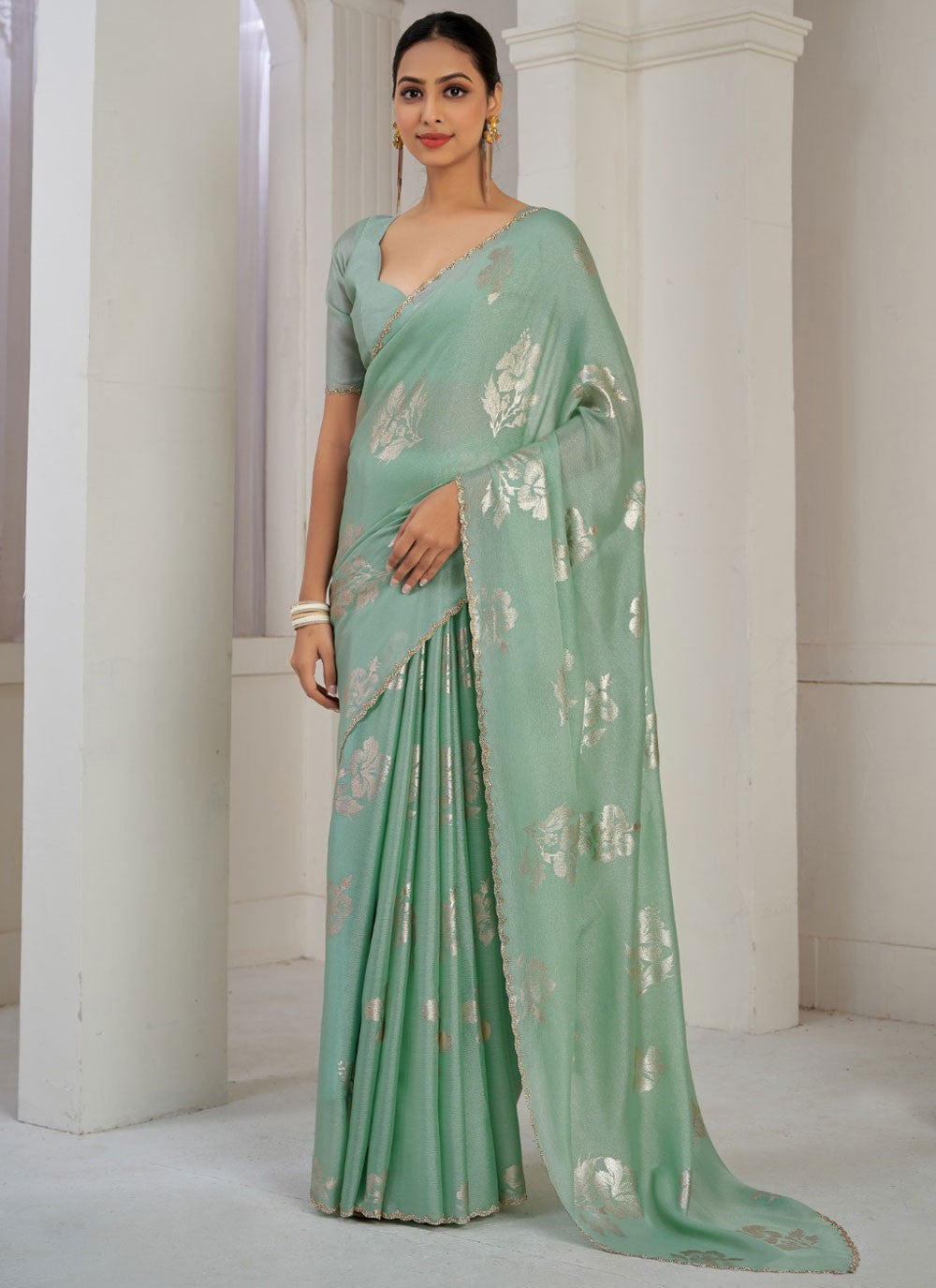 Trendy Border Work Satin Silk Sea Green Saree - S10849