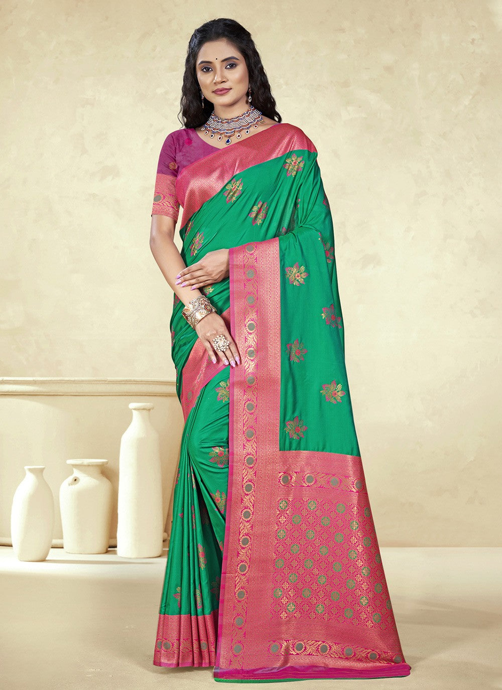 Classic Weaving Zari Silk Green Saree - S11094