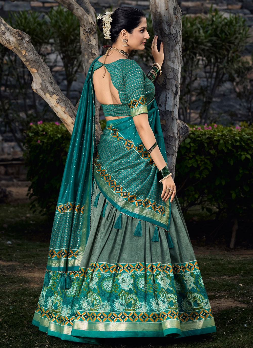 Floral Printed Tussar Silk A - Line Lehenga - L1746