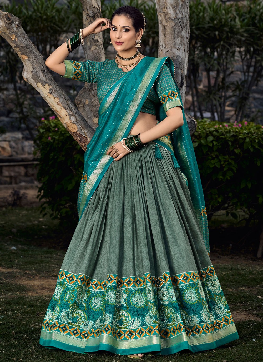 Floral Printed Tussar Silk A - Line Lehenga - L1746