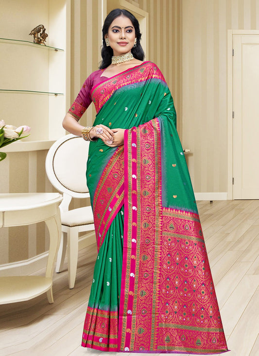 Contemporary Weaving Zari Silk Sea Green Saree - S11178