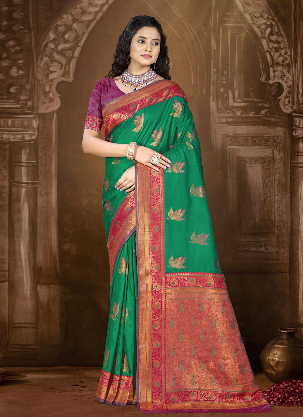 Contemporary Weaving Zari Silk Teal Saree - S11135