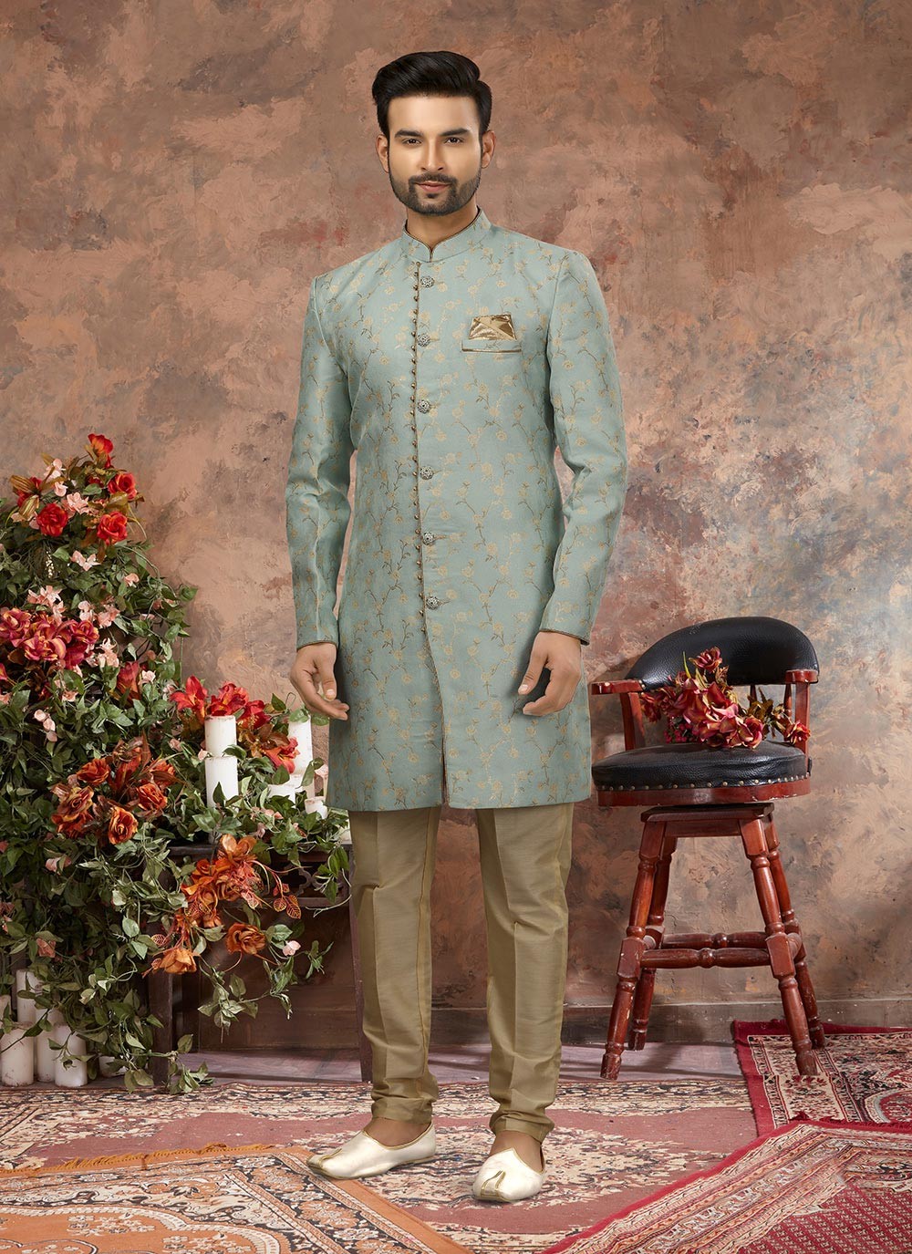 Zari Jacquard Sea Green Sherwani - M2907