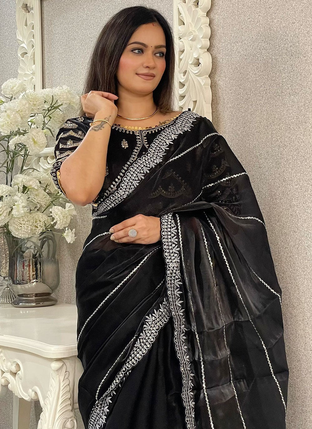 Classic Embroidered Net Saree - S6900