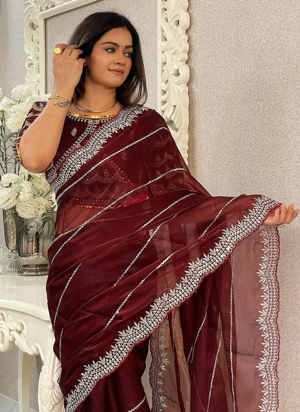 Classic Embroidered Net Saree - S6900