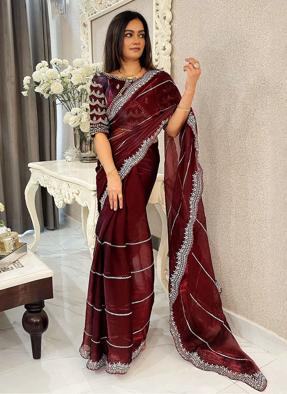 Classic Embroidered Net Saree - S6900