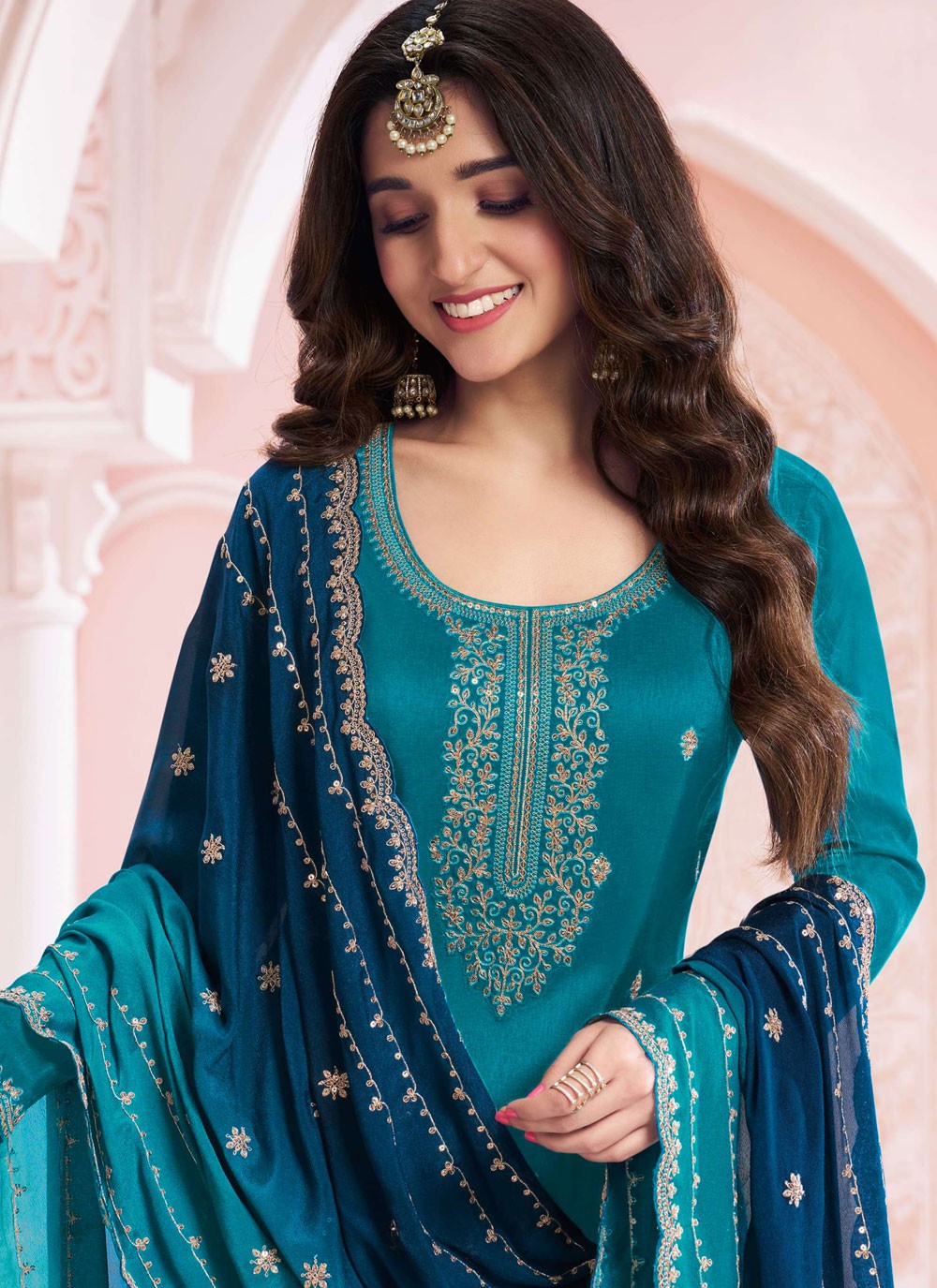 Embroidered Vichitra Silk Palazzo Suit - T4440