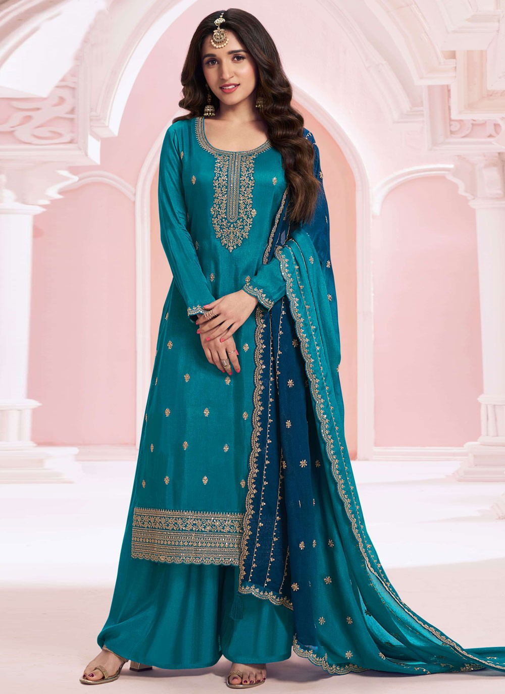 Embroidered Vichitra Silk Palazzo Suit - T4440