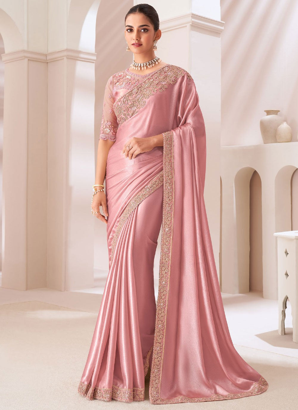 Classic Border Work Chiffon Satin Saree - S10557