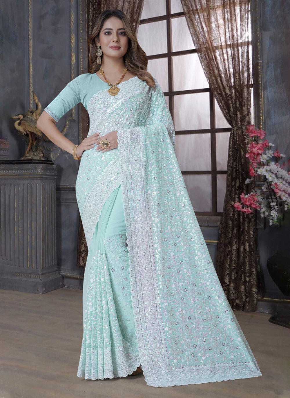 Trendy Embroidered Georgette Saree - S3586