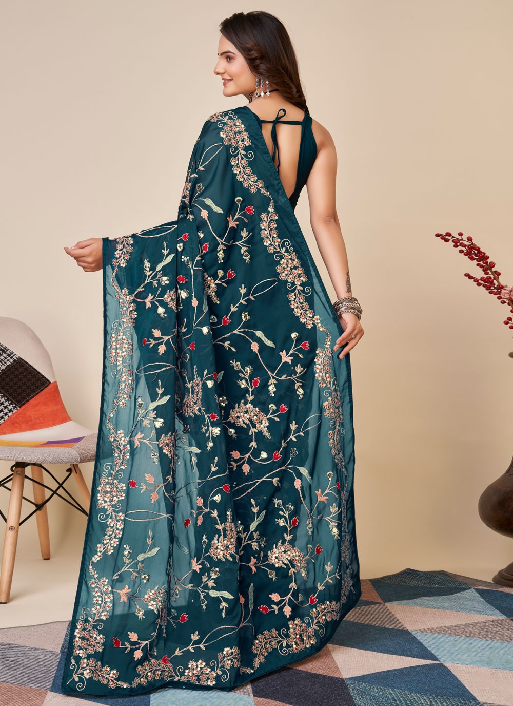 Trendy Embroidered Silk Saree - S4687