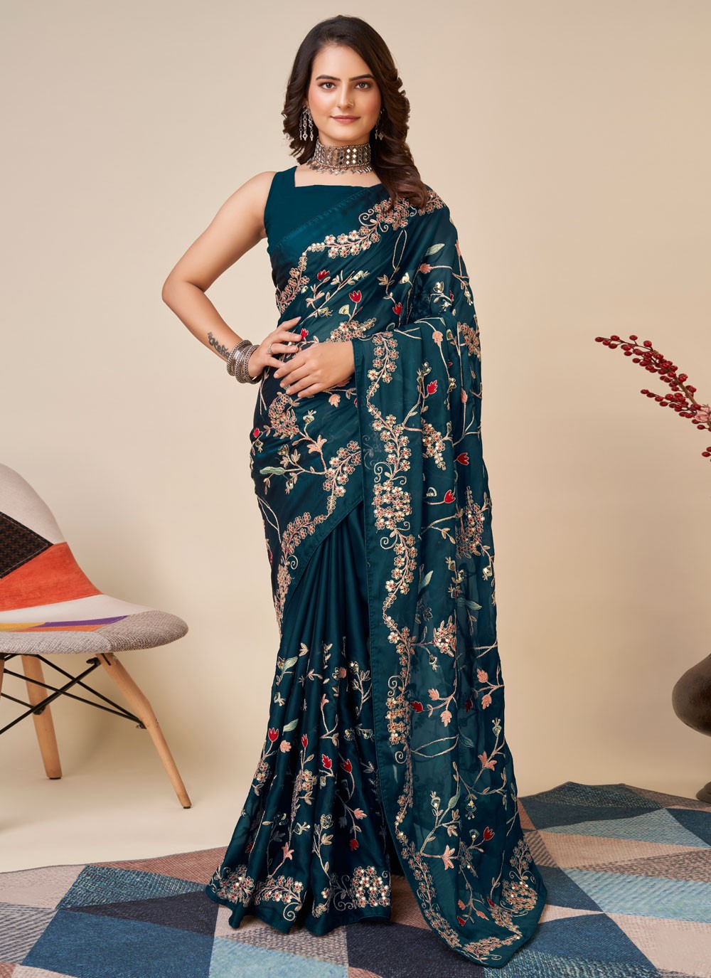 Trendy Embroidered Silk Saree - S4687