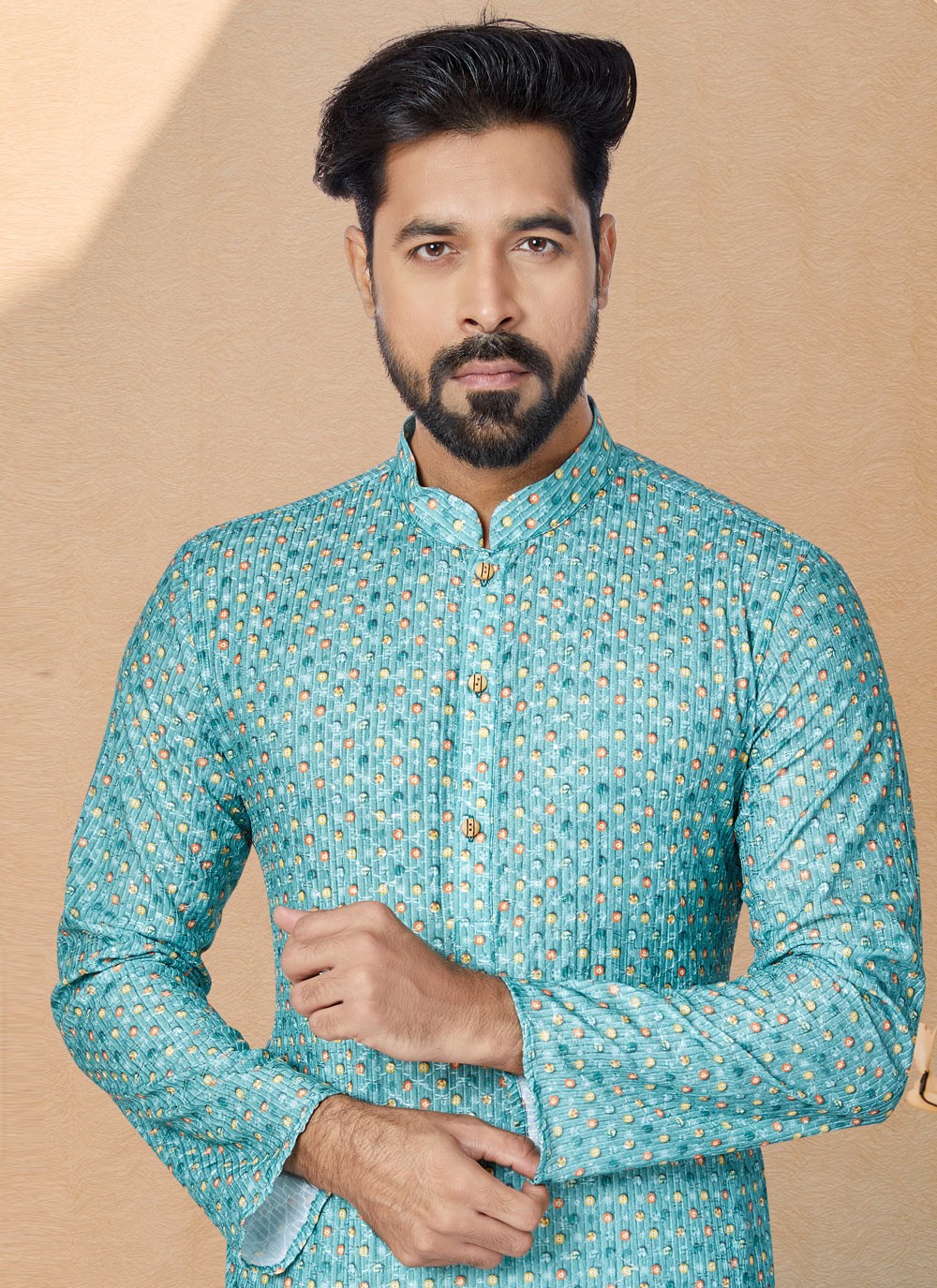 Digital Print Fancy Fabric Aqua Blue, Multi Colour Kurta Pyjama - M5078