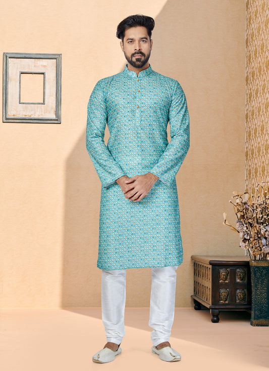 Digital Print Fancy Fabric Aqua Blue, Multi Colour Kurta Pyjama - M5078