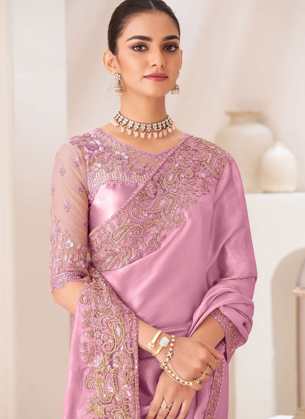 Classic Border Work Chiffon Satin Lavender Saree - S10727