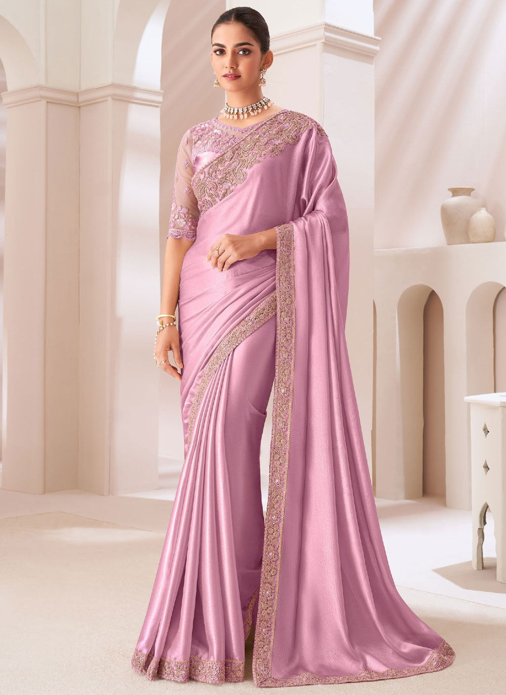 Classic Border Work Chiffon Satin Saree - S10557