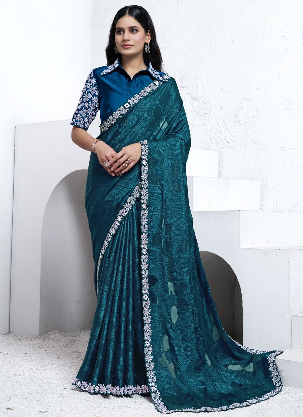 Embroidered, Moti, Sequins Crepe Silk Saree - S12036