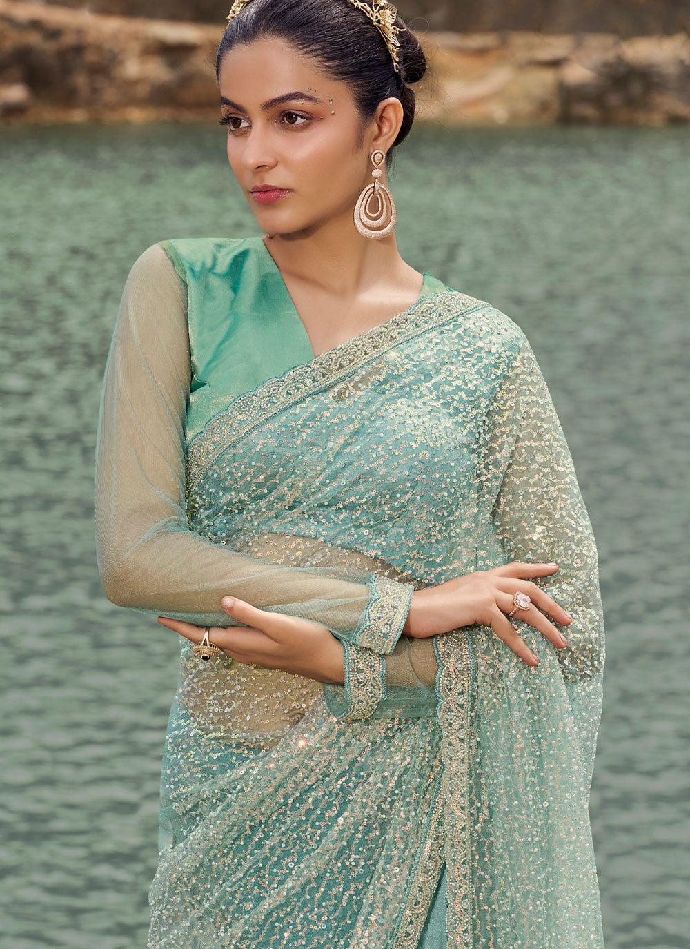 Classic Embroidered Net Saree - S8200