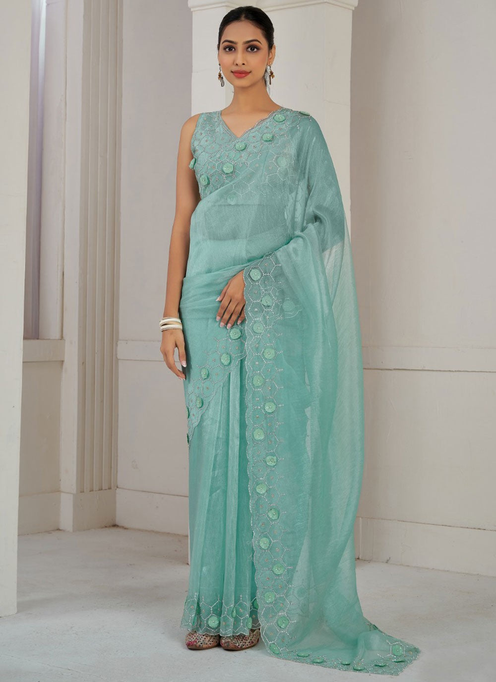 Contemporary Cutdana Organza Blue, Turquoise Saree - S10877