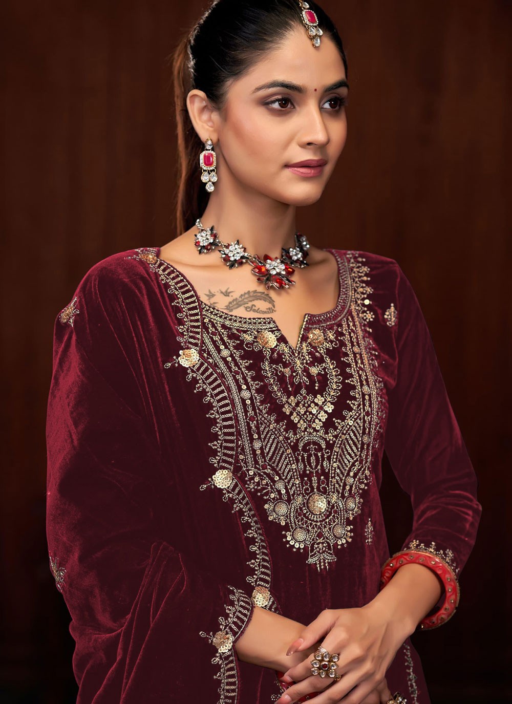 Embroidered Velvet Palazzo Suit - T4532