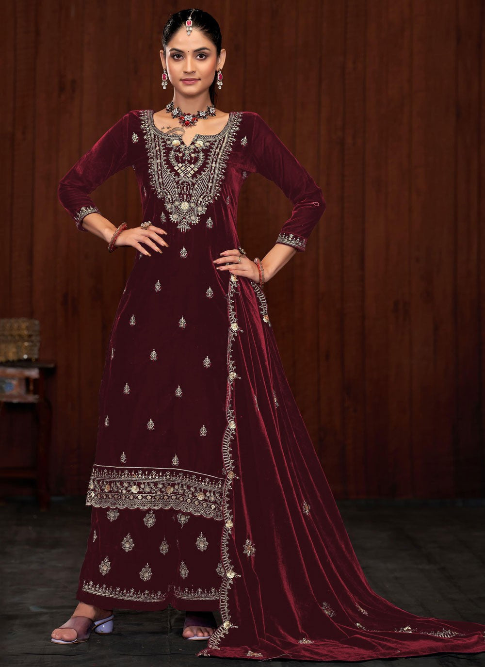 Embroidered Velvet Palazzo Suit - T4532