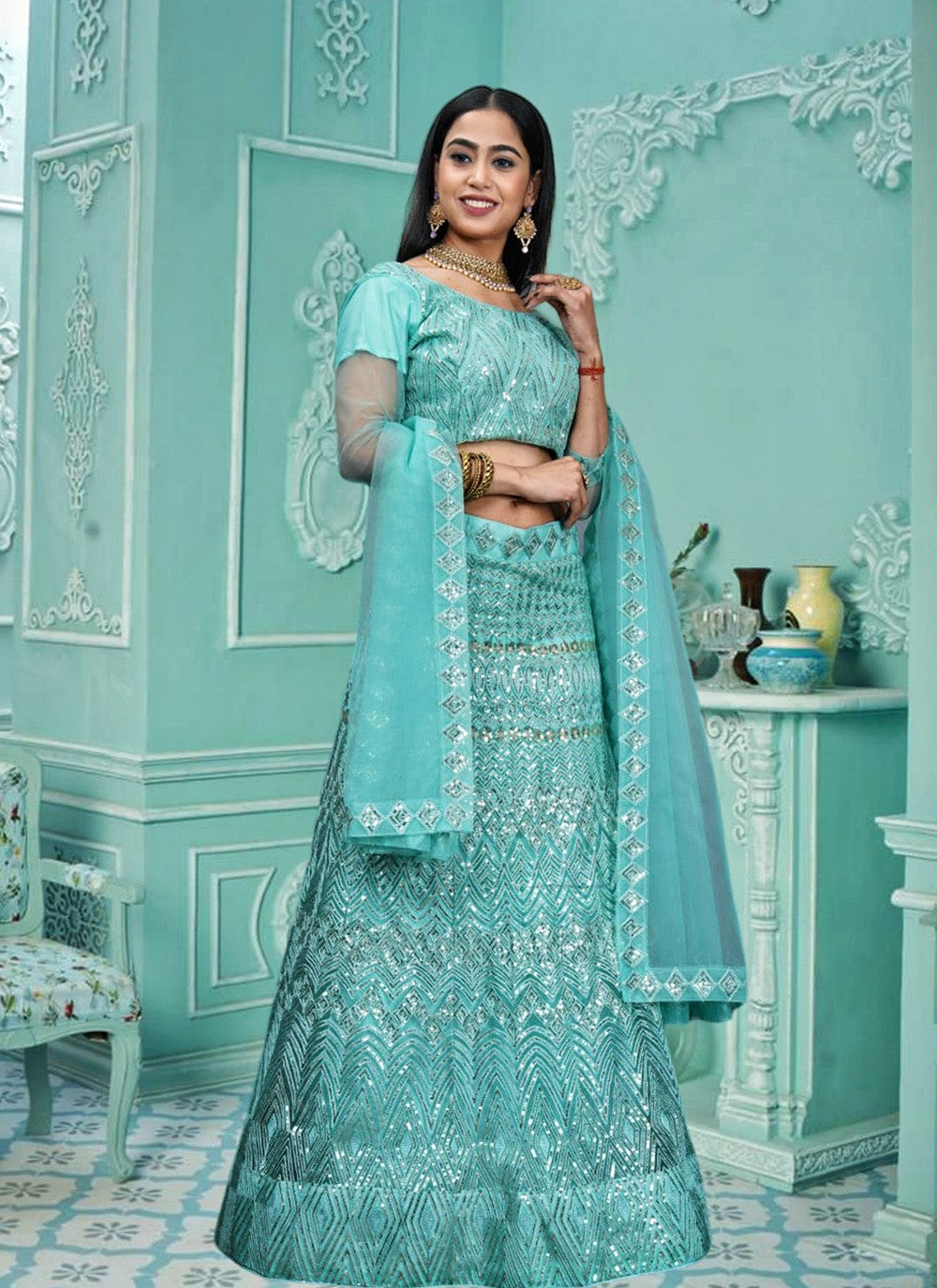 Embroidered Net A - Line Lehenga - L1810