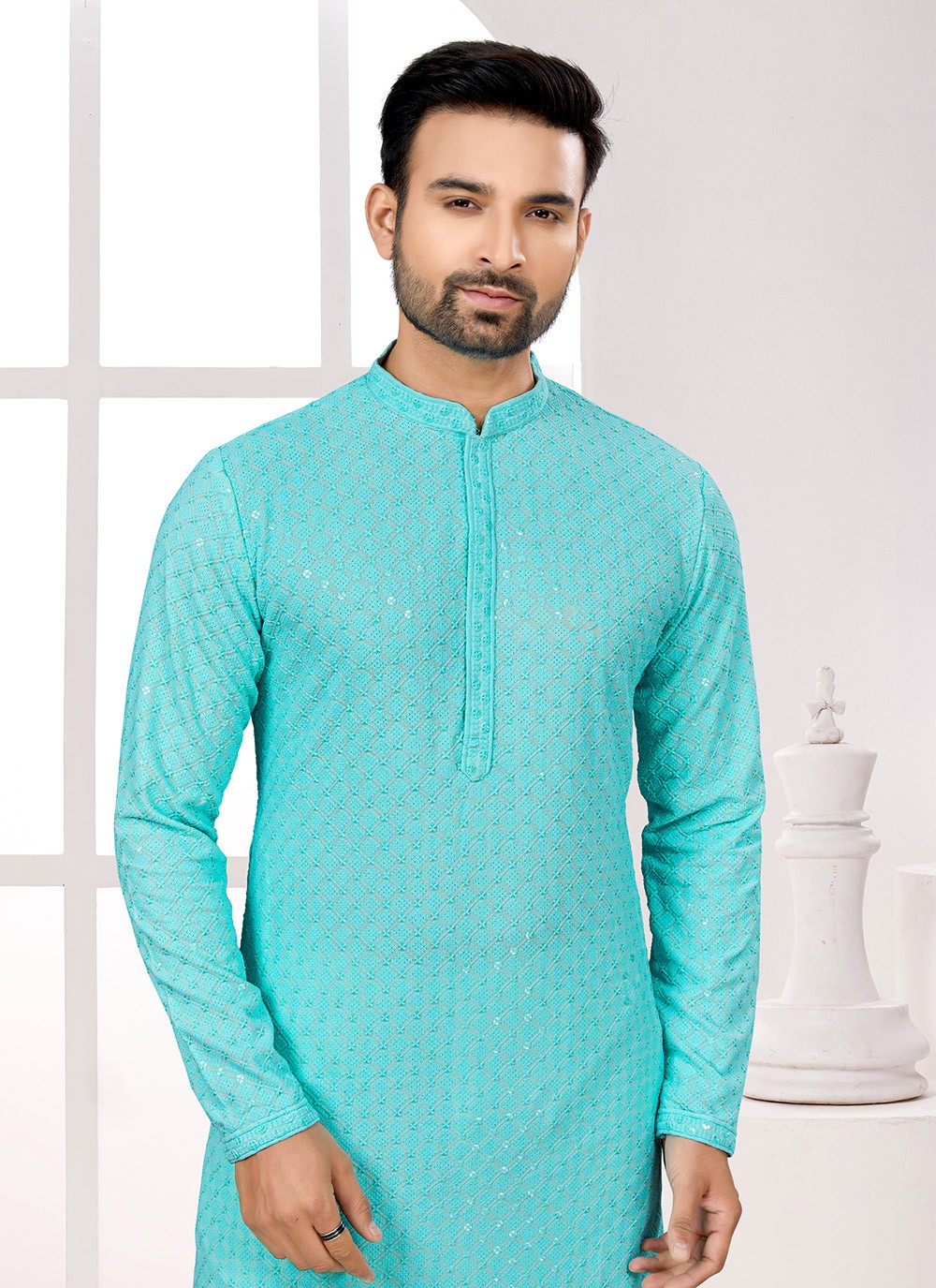 Fancy Work Rayon Aqua Blue Kurta Pyjama - M6678