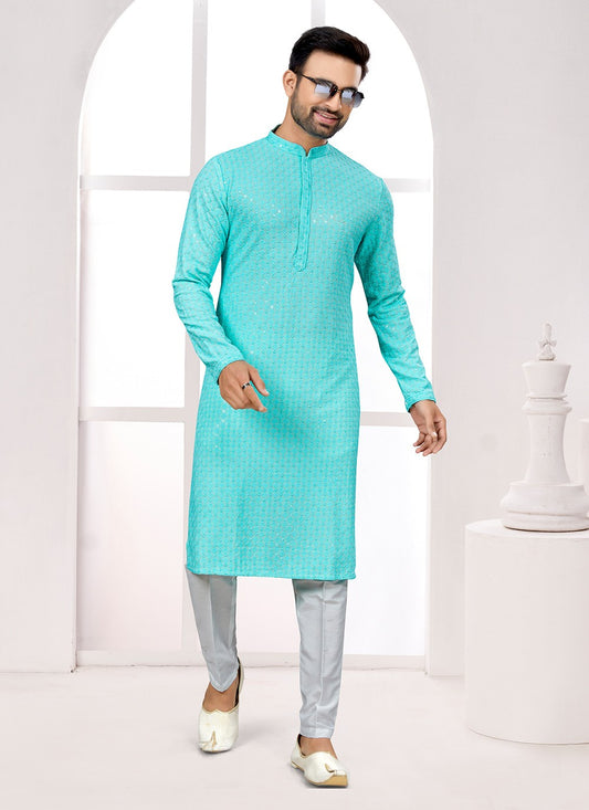 Fancy Work Rayon Aqua Blue Kurta Pyjama - M6678