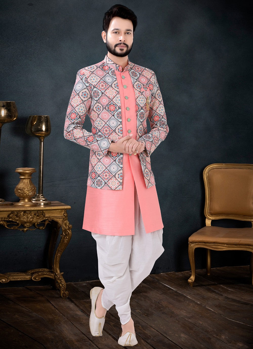 Embroidered Silk Multi Colour, Pink Indo Western Sherwani - M4433