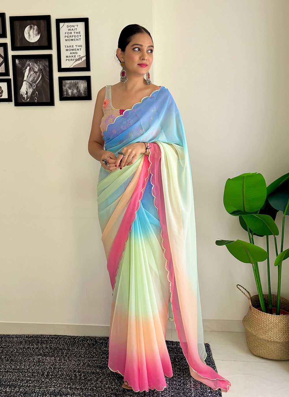 Contemporary Border Work Faux Georgette Saree - S7581