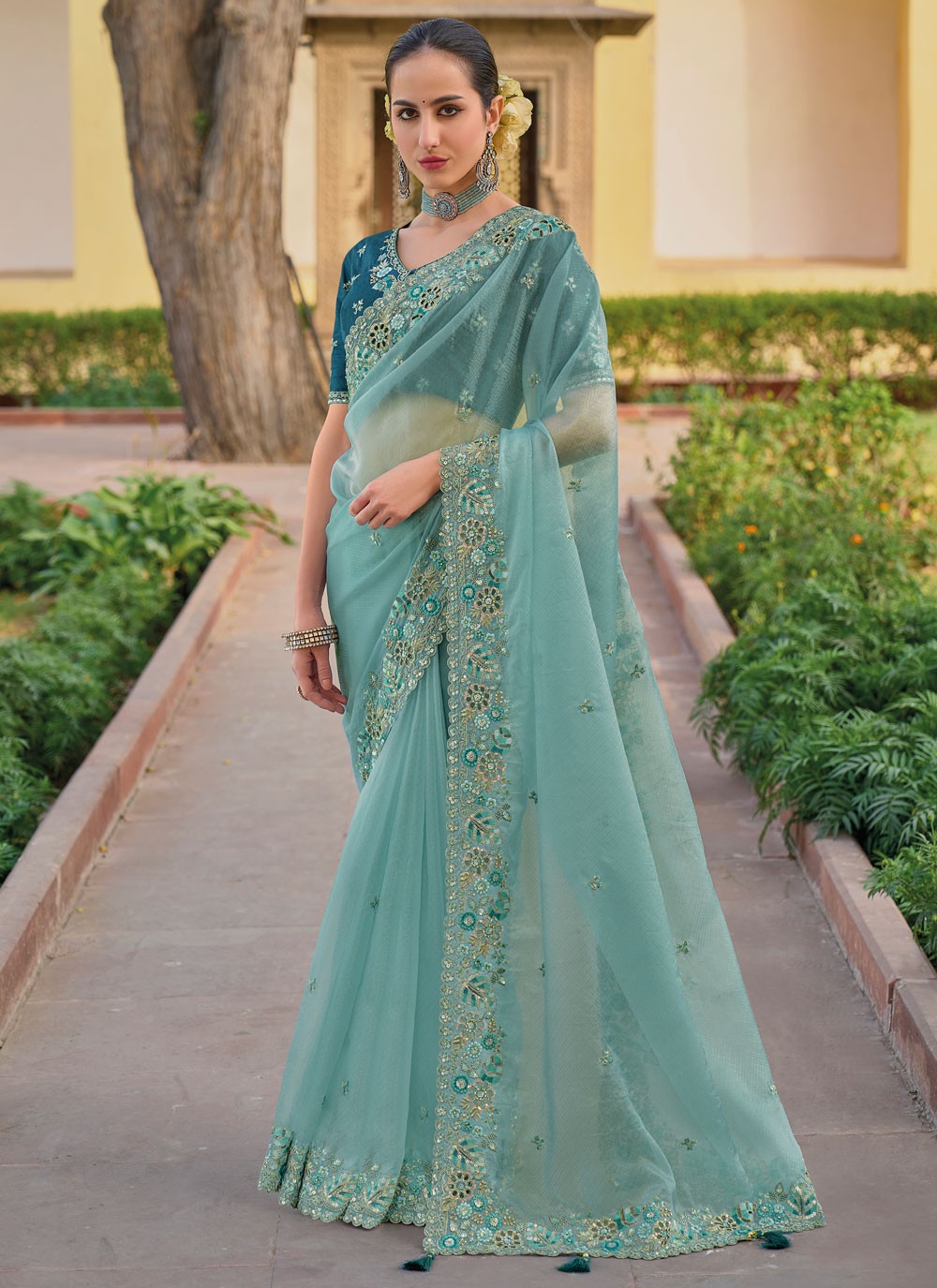 Trendy Cut Work Organza, Silk Saree - S5901