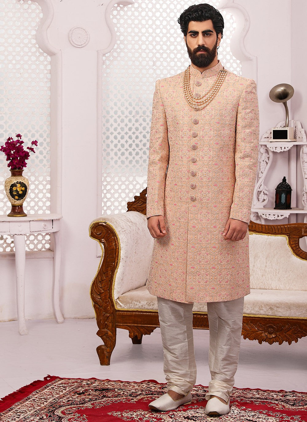 Embroidered Georgette, Lucknowi Peach Sherwani - M3323