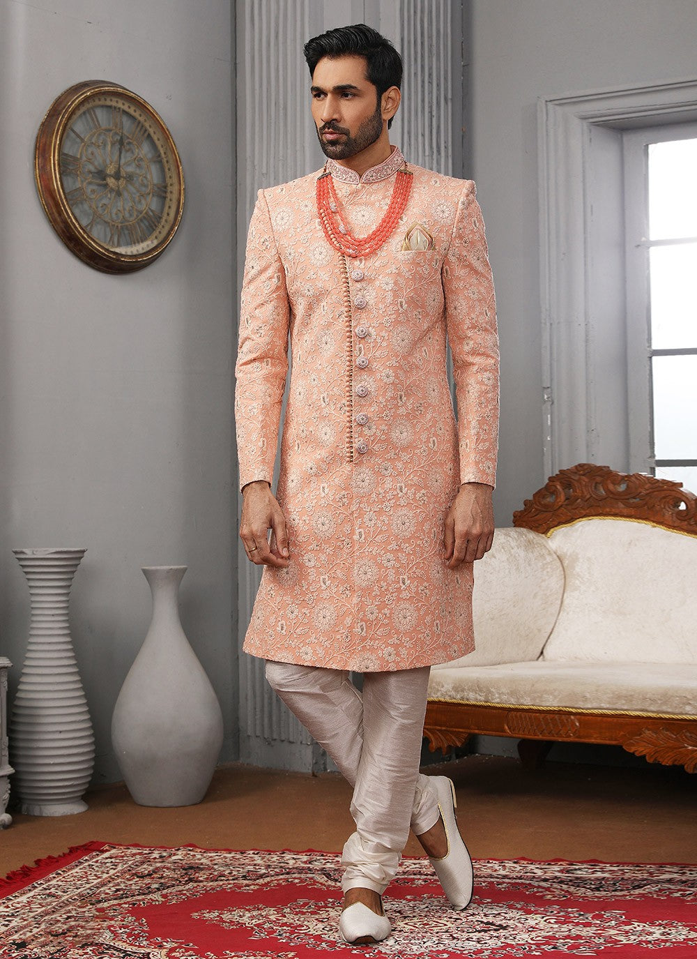 Embroidered Lucknowi Peach Sherwani - M3327