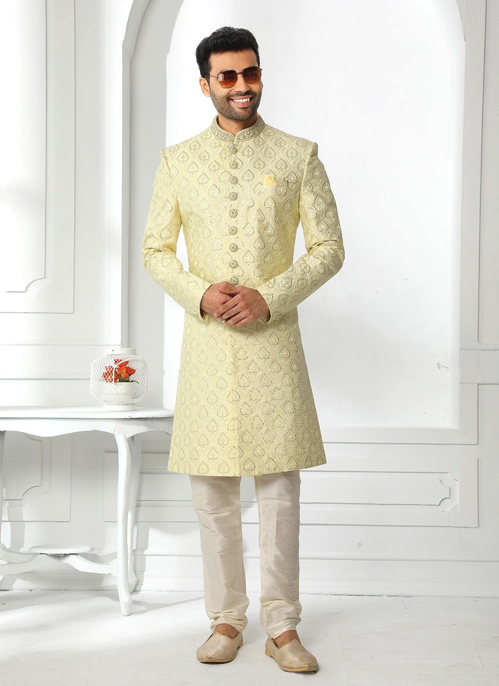 Machine Embroidery Art Silk Cream Sherwani - M4132