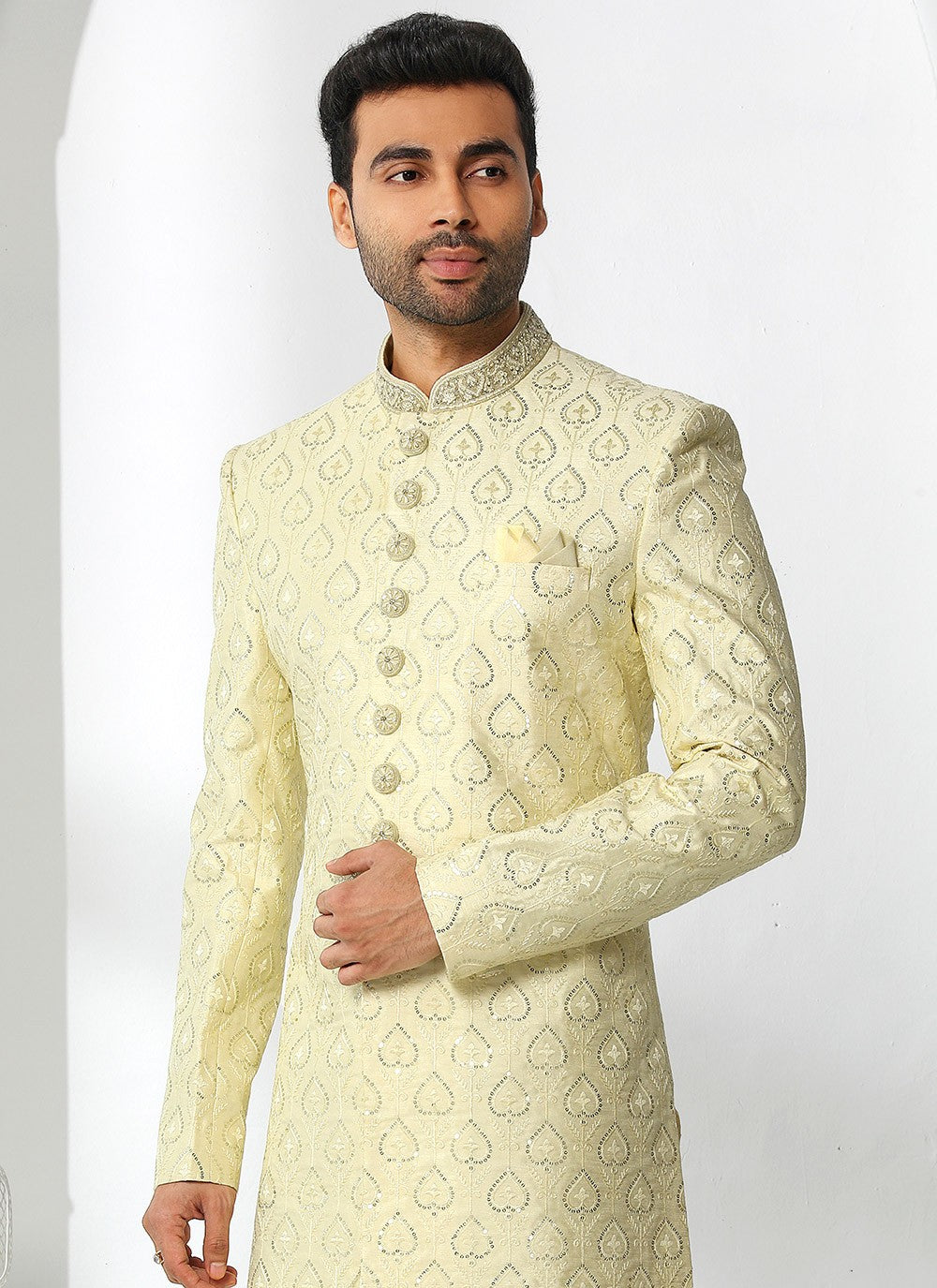 Machine Embroidery Art Silk Cream Sherwani - M4132