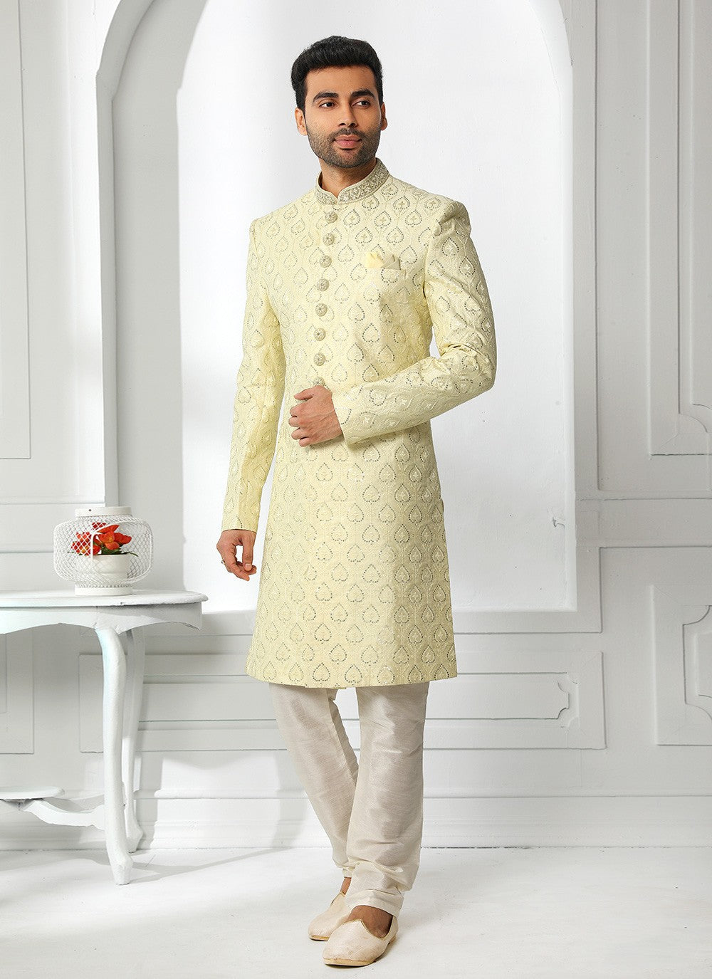 Machine Embroidery Art Silk Cream Sherwani - M4132