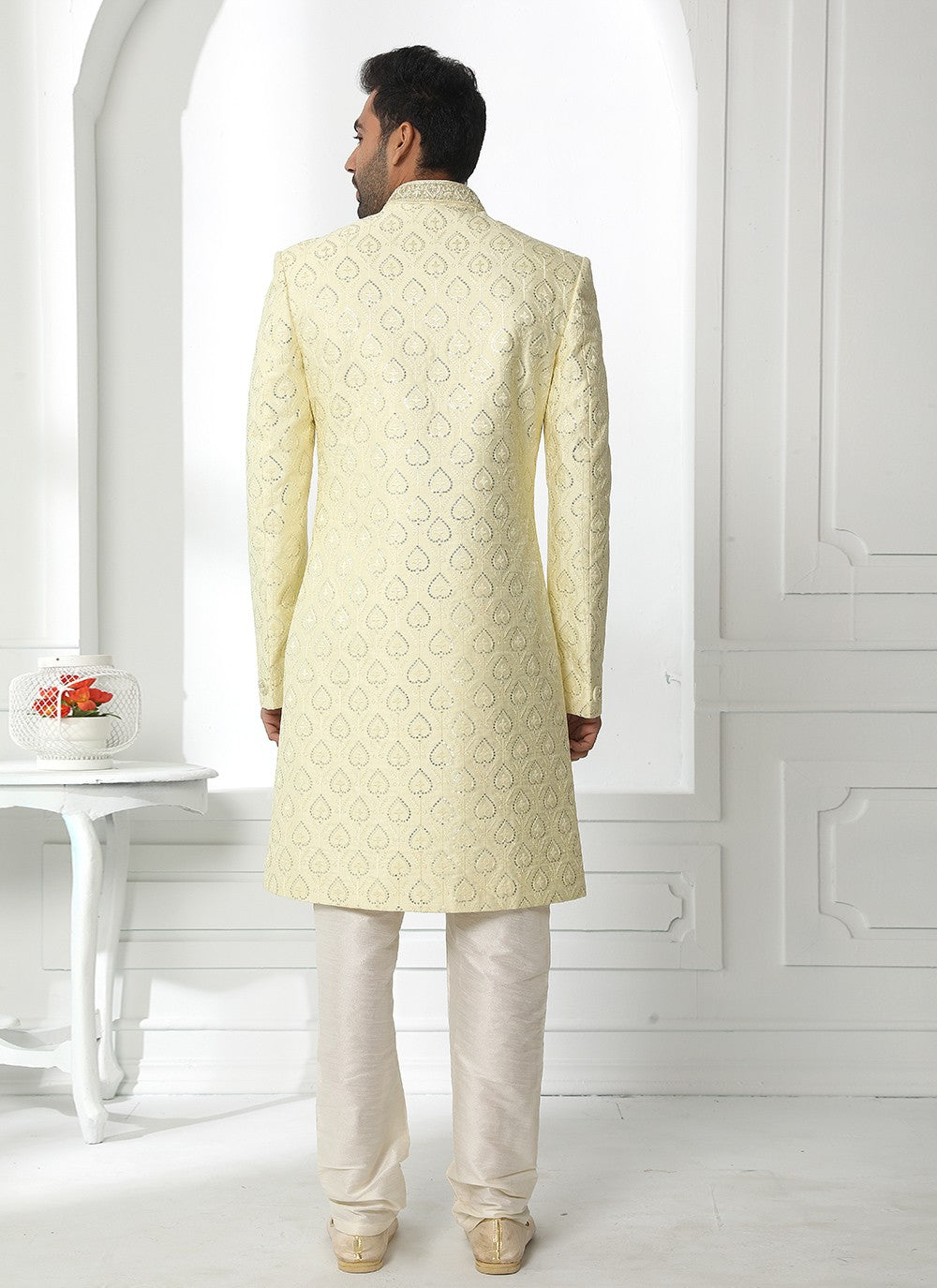 Machine Embroidery Art Silk Cream Sherwani - M4132