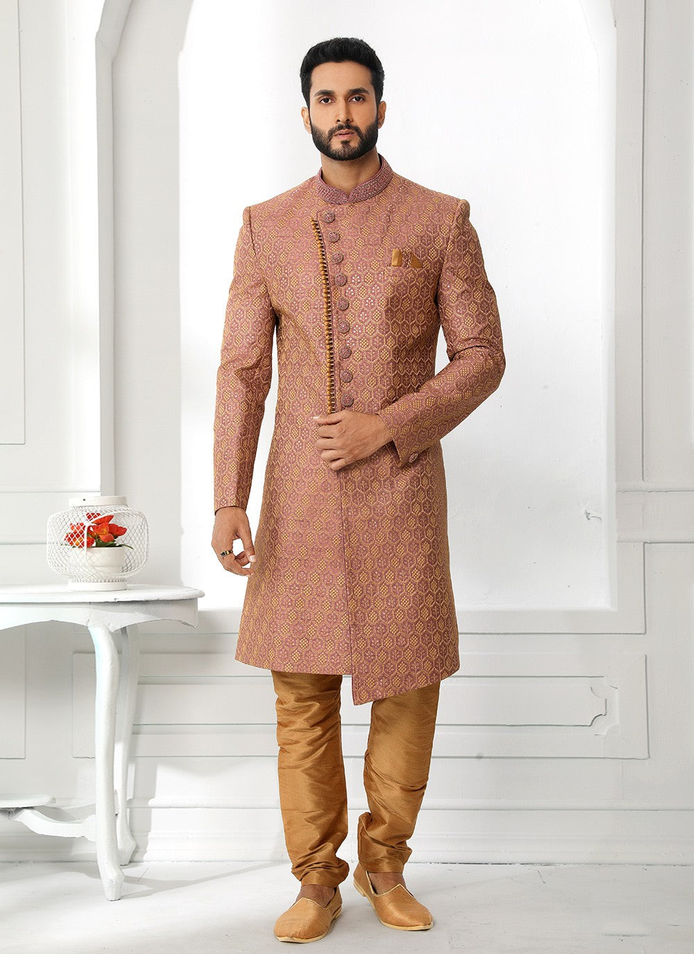 Machine Embroidery Art Silk Maroon Sherwani - M4137