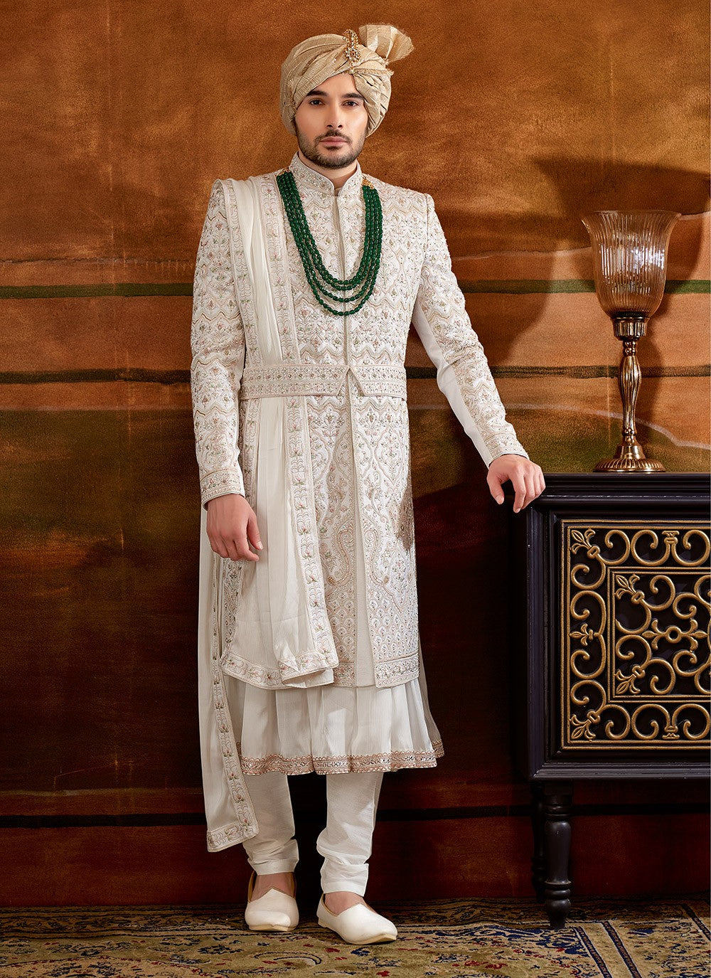 Hand Embroidery Art Silk White Sherwani - M4302