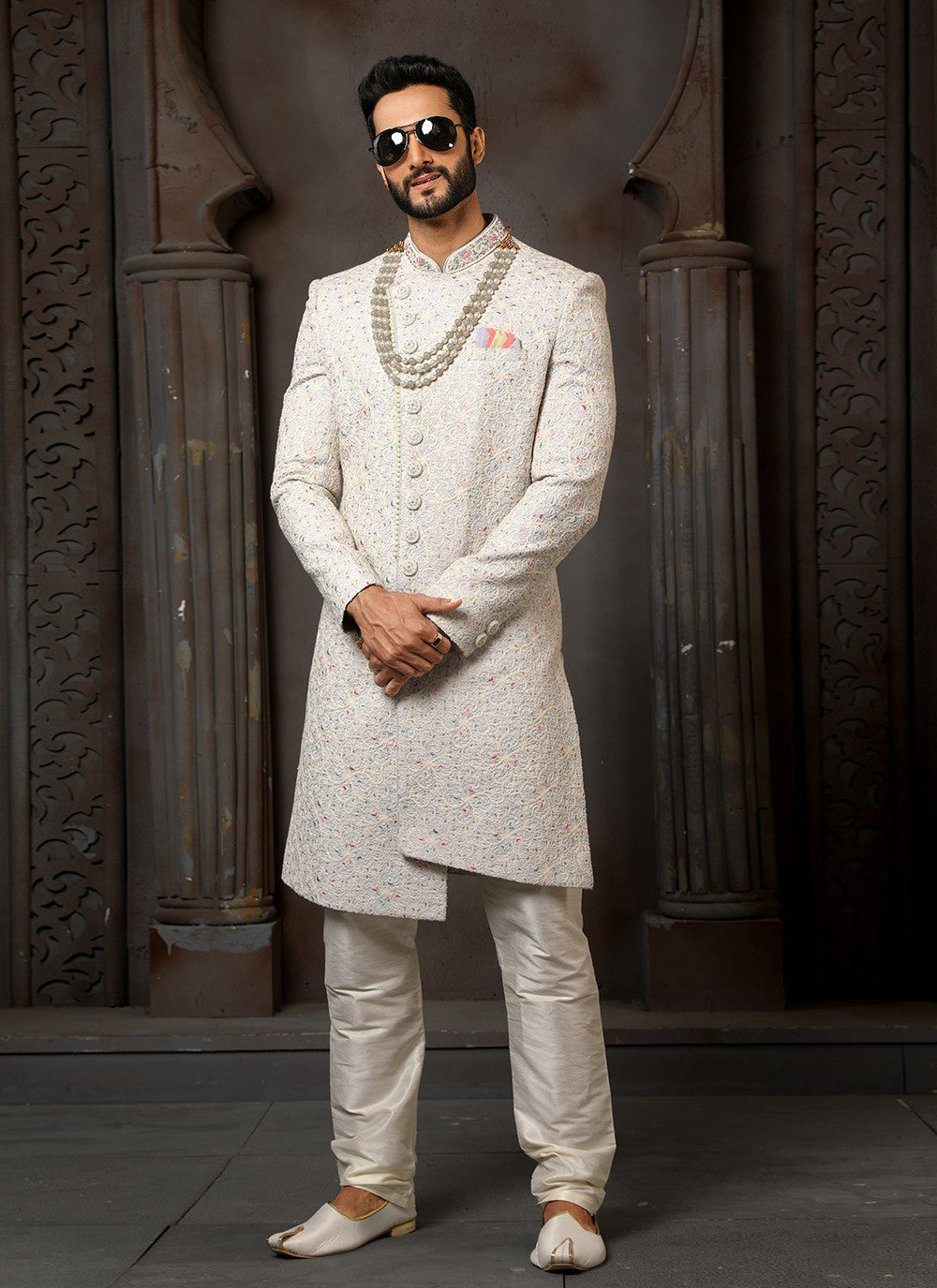 Machine Embroidery Art Silk Off White Sherwani - M4123