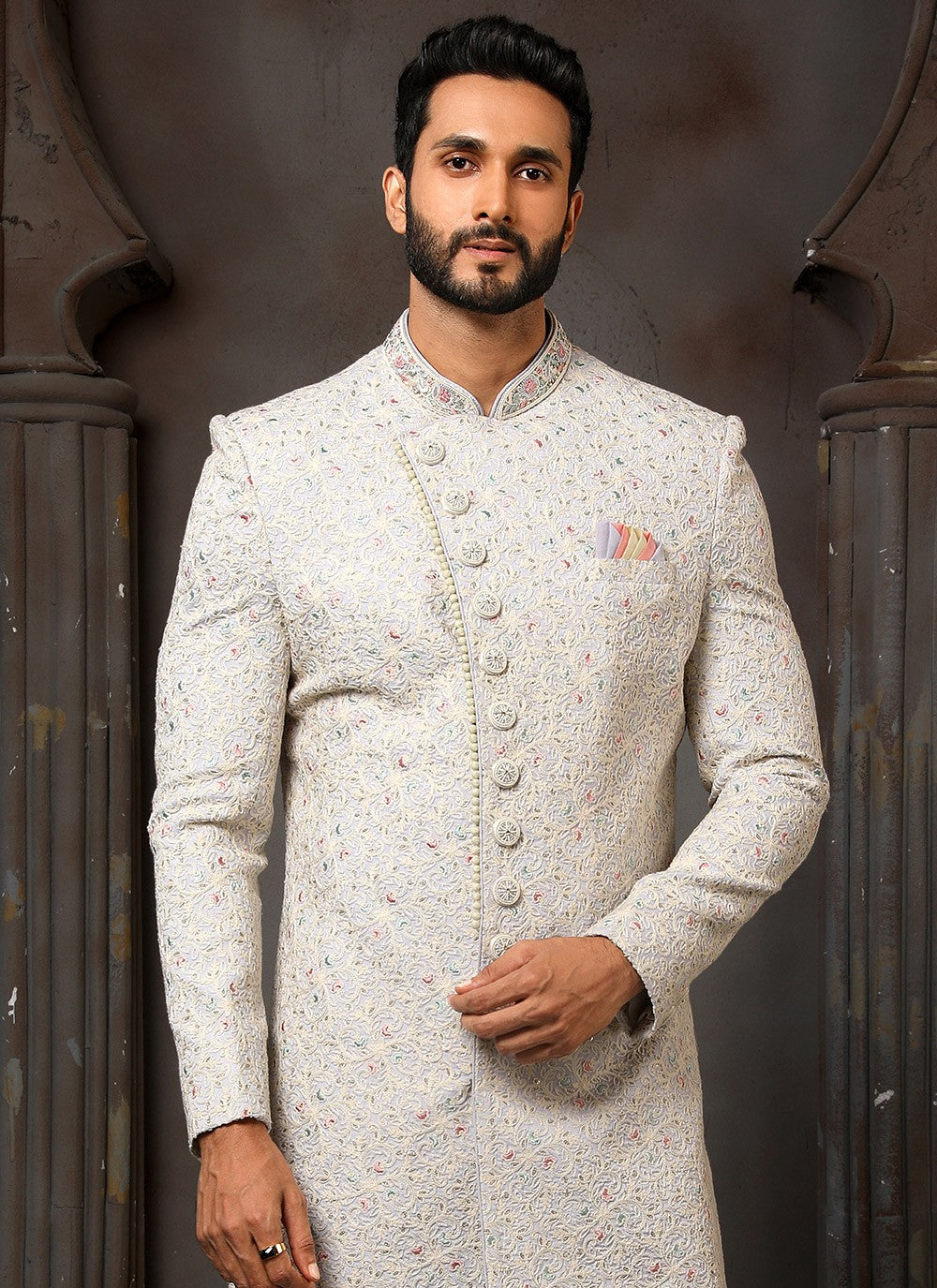 Machine Embroidery Art Silk Off White Sherwani - M4123