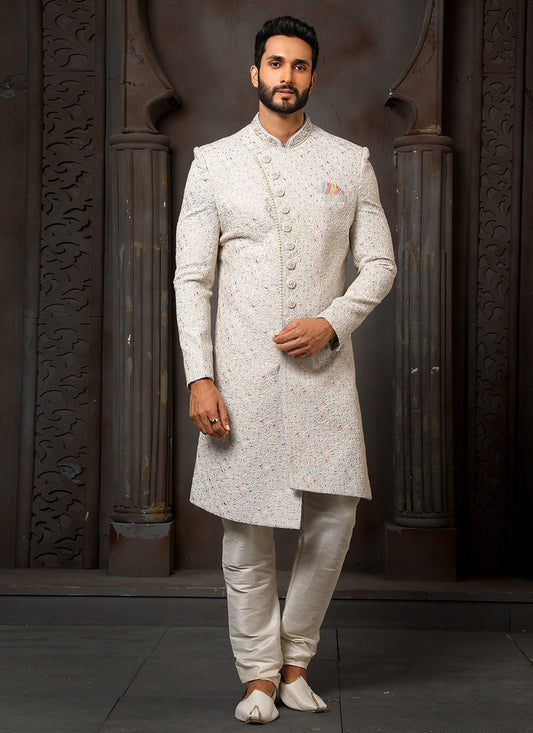 Machine Embroidery Art Silk Off White Sherwani - M4123