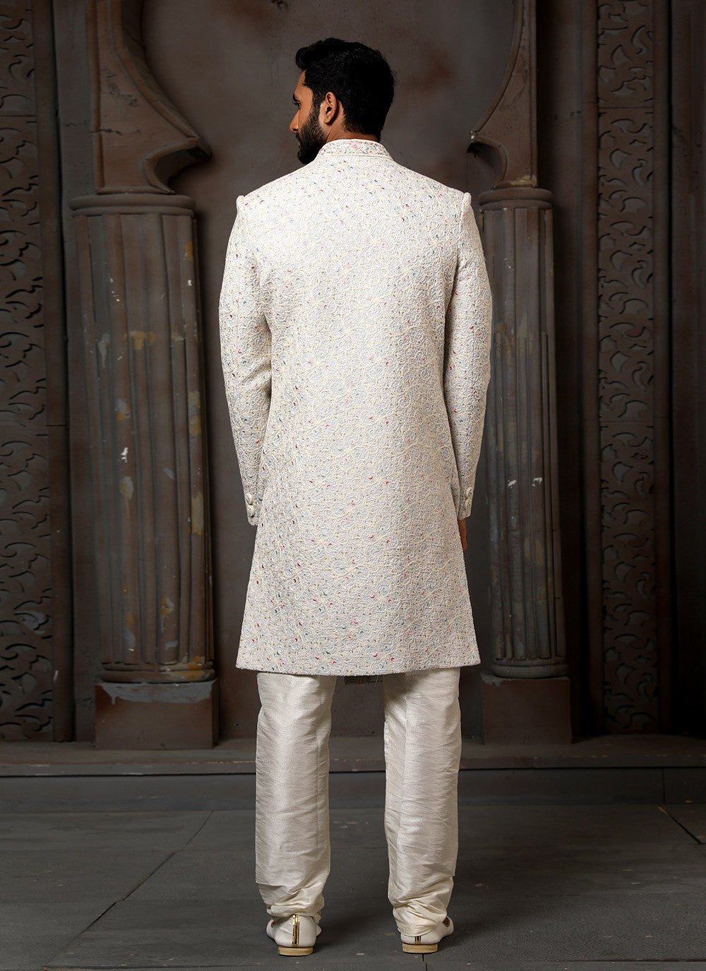 Machine Embroidery Art Silk Off White Sherwani - M4123