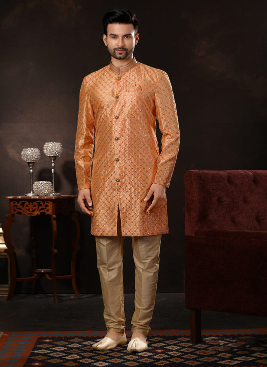 Embroidered Fancy Fabric Peach Sherwani - M3064