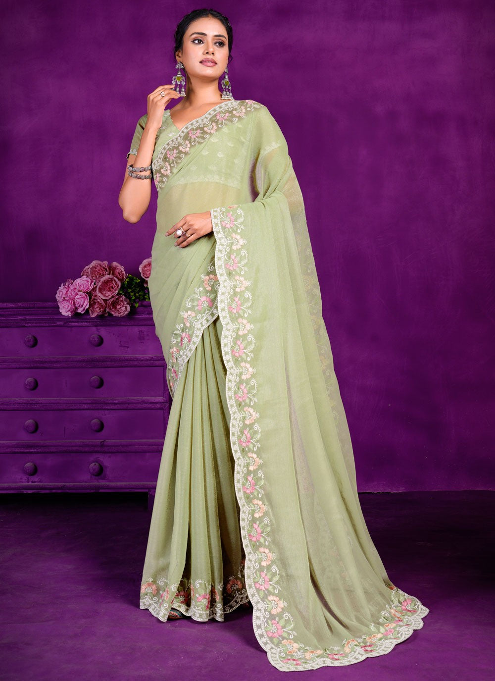 Trendy Embroidered Shimmer Saree - S5612