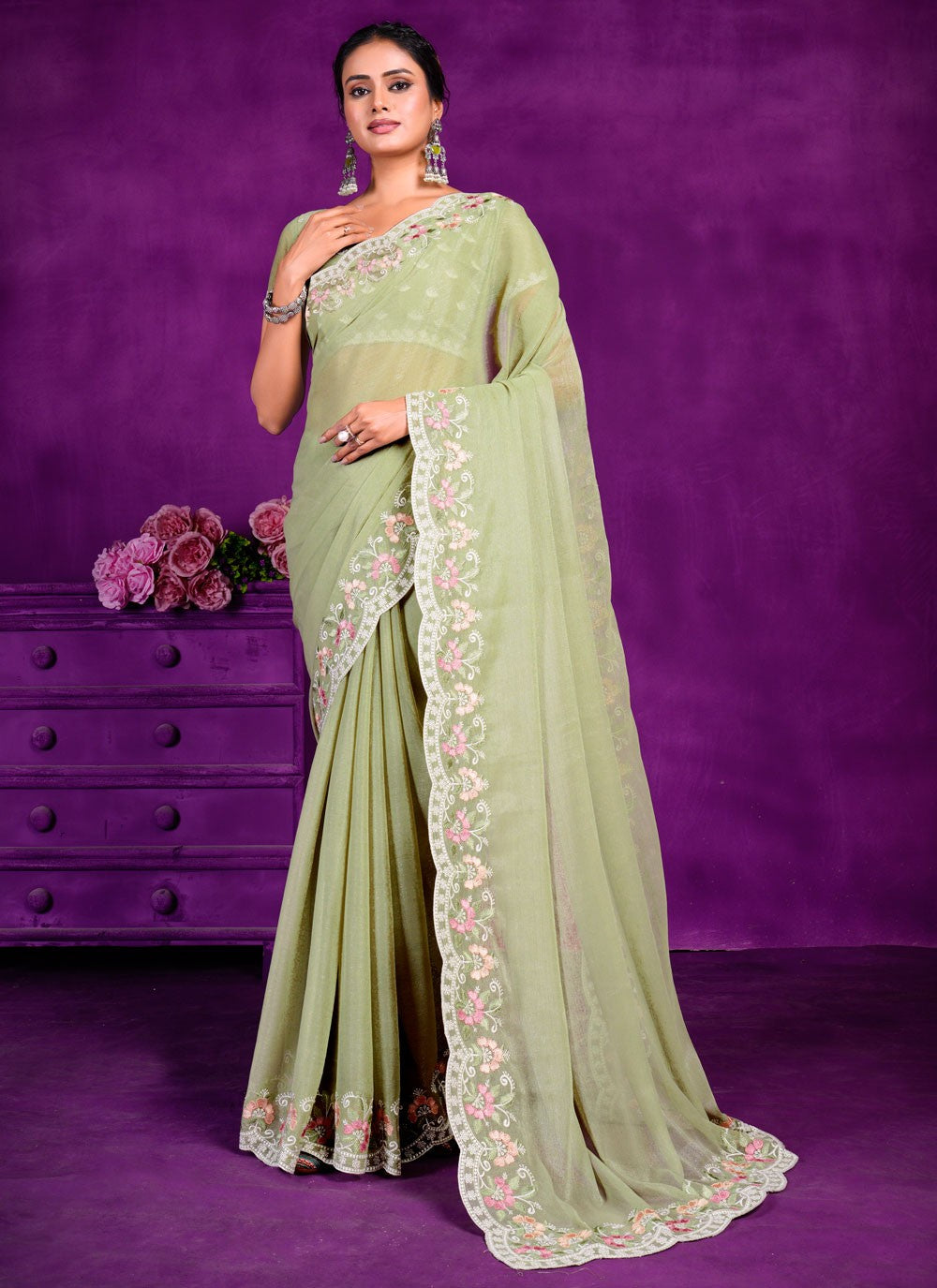 Trendy Embroidered Shimmer Saree - S5612