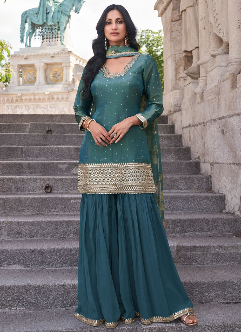 Embroidered Shimmer Palazzo Suit - T4753