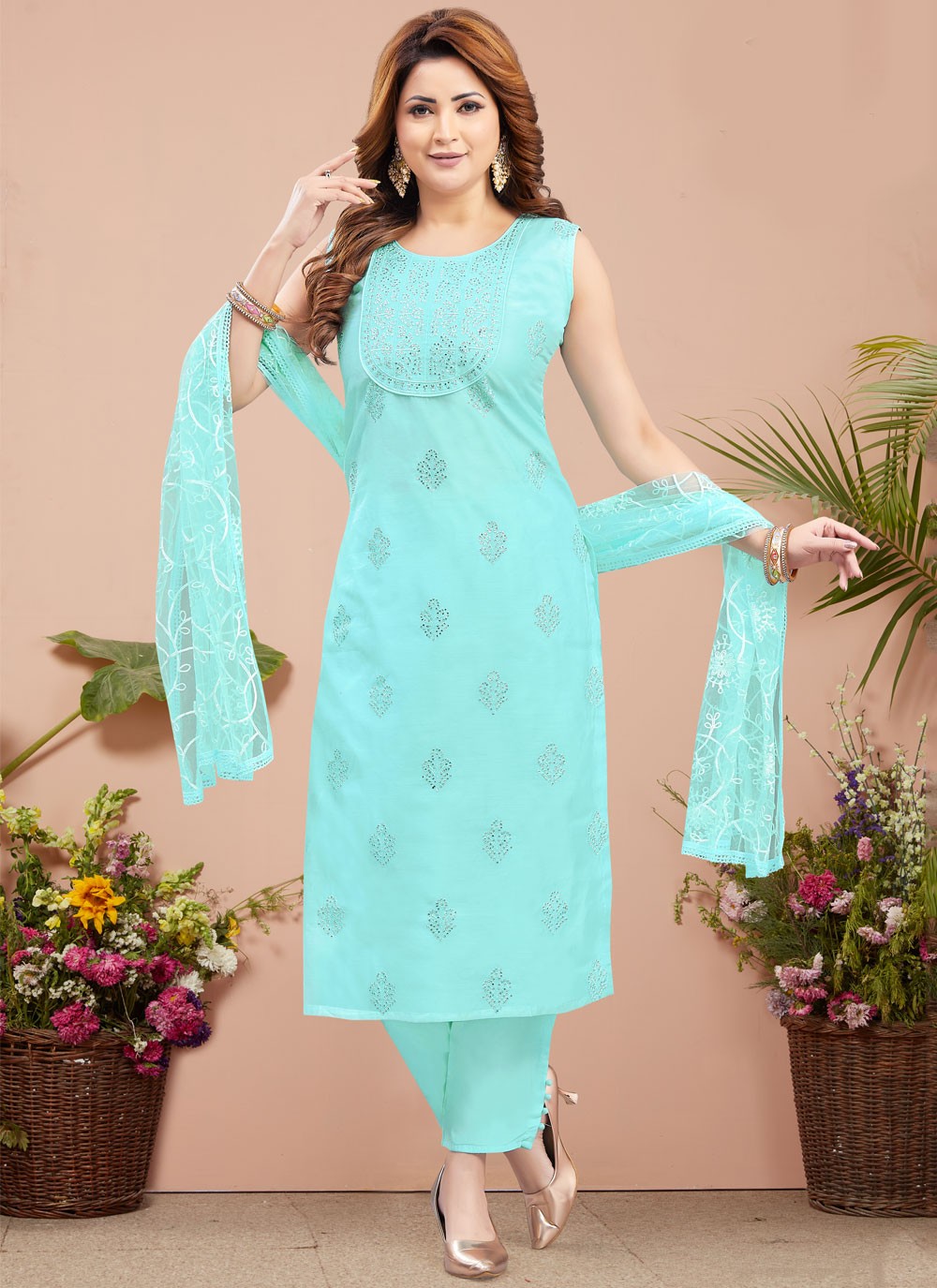 Fancy Work Silk Salwar Suit - T4389